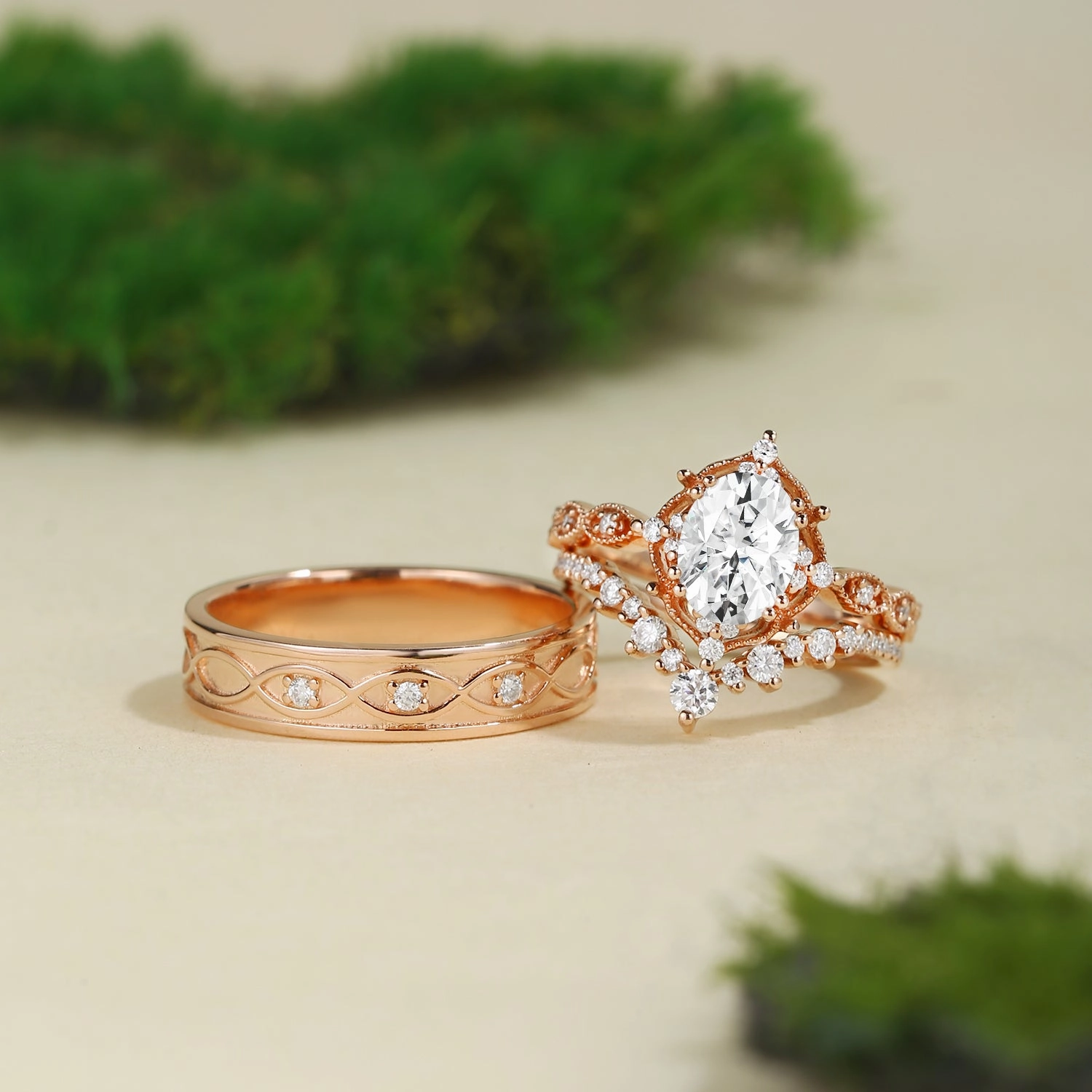 Graceful Design Signature Vintage - Oval Cut Moissanite Cage Vintage Couple Ring Set 3pcs - Charlotte