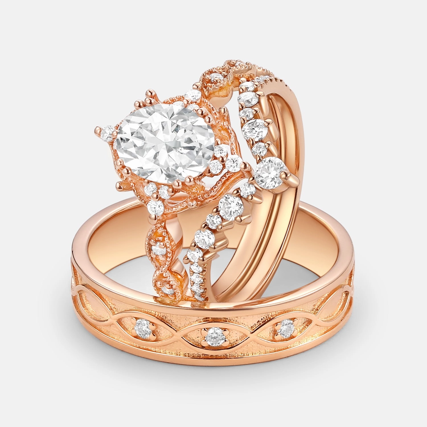 Occasion Style Contemporary Style Signature Vintage - Oval Cut Moissanite Cage Vintage Couple Ring Set 3pcs - Charlotte