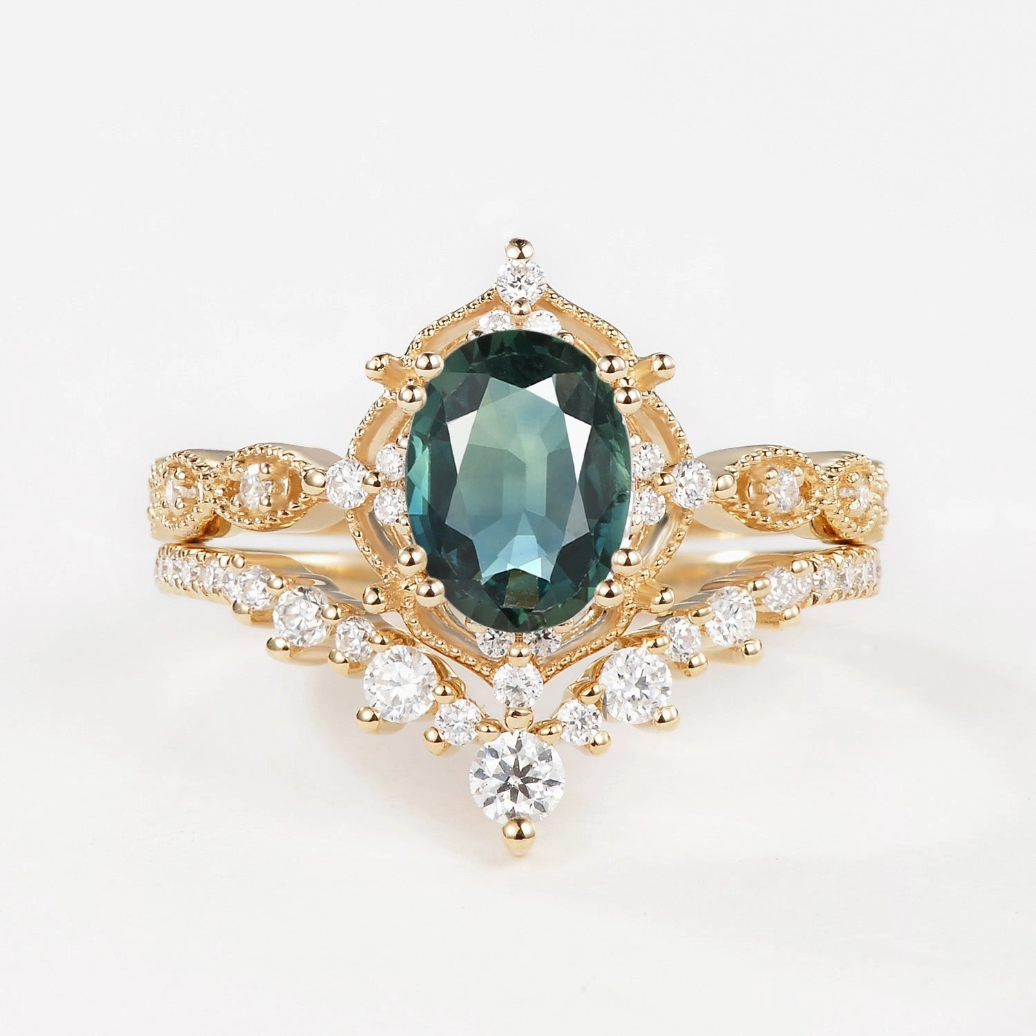 Lustrous Edge Evening Set Signature Vintage - Oval Cut Teal Sapphire Vintage Ring Set 2pcs - Charlotte