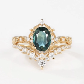 Lustrous Edge Evening Set Signature Vintage - Oval Cut Teal Sapphire Vintage Ring Set 2pcs - Charlotte