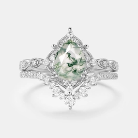 Bold Jewelry Shine Signature Vintage - Pear Cut Moss Agate Vintage Ring Set 2pcs - Charlotte