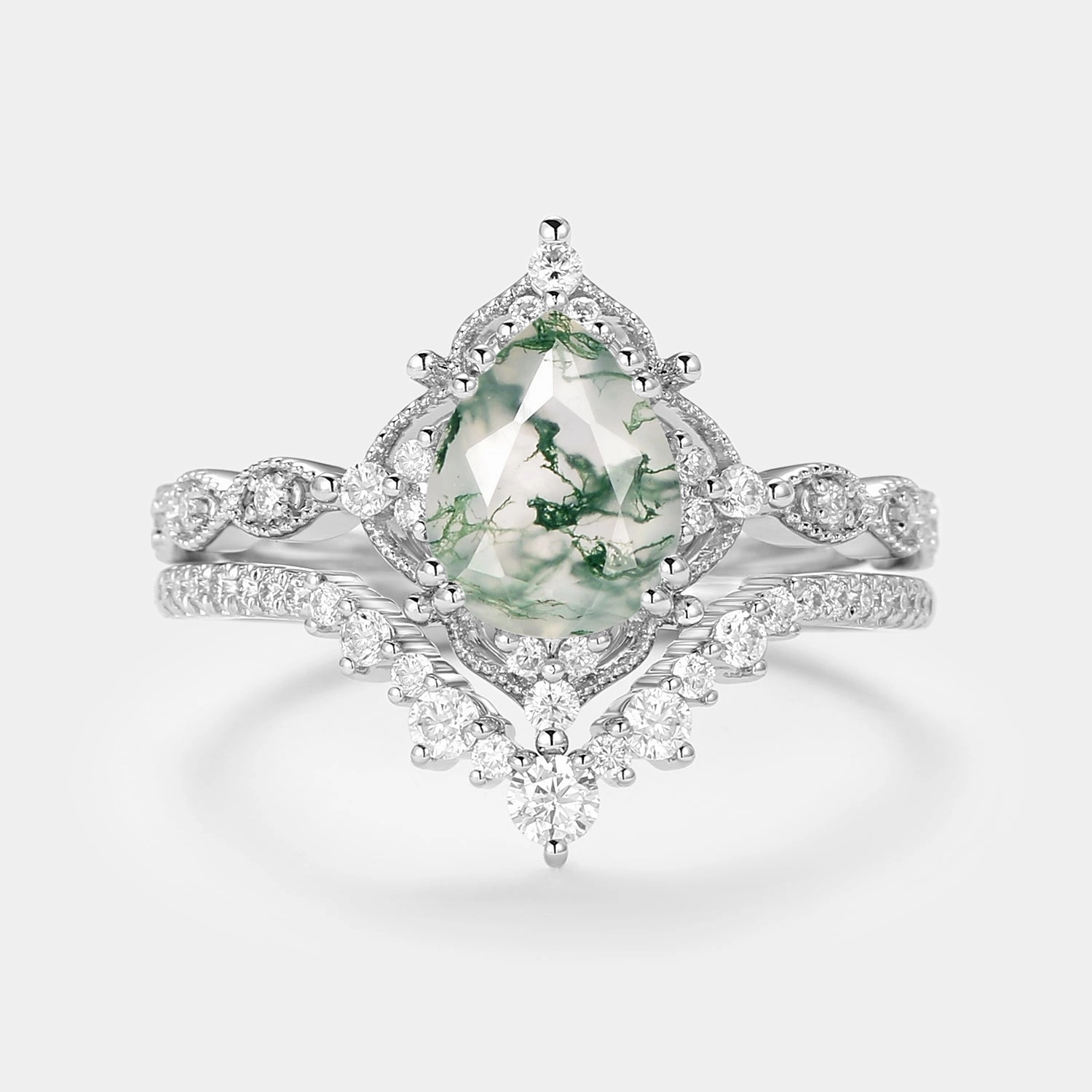 Signature Vintage - Pear Cut Moss Agate Vintage Ring Set 2pcs - Charlotte Luxury Detail Elegant Jewelry