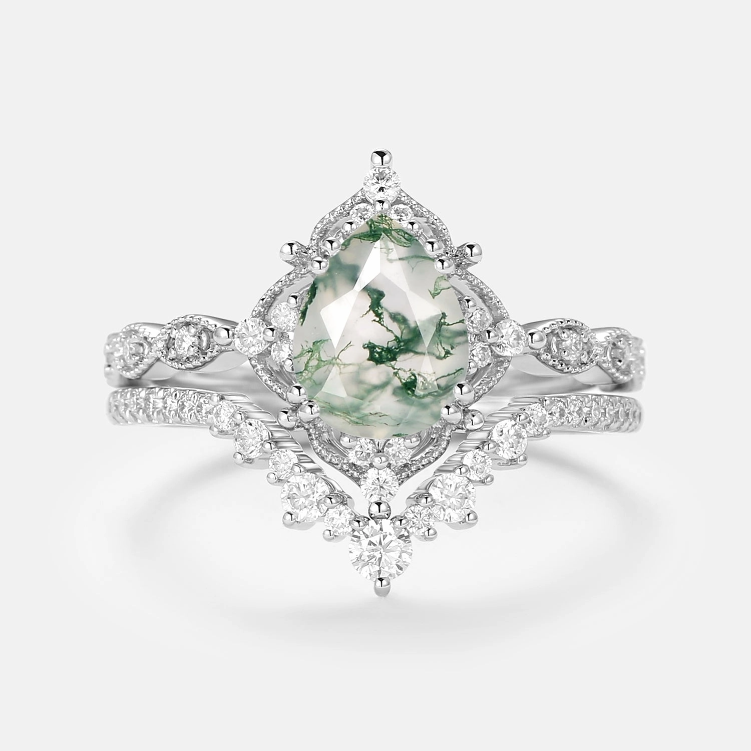 Signature Vintage - Pear Cut Moss Agate Vintage Ring Set 2pcs - Charlotte Weekend Glow Cool Accent