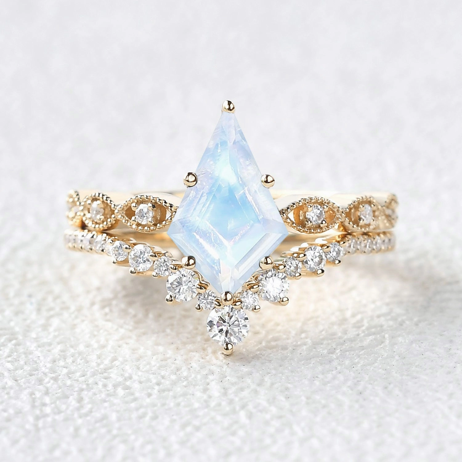 Signature Vintage - Vintage Kite Cut Moonstone Engagement Ring Set 2pcs - Winona Trend Forward