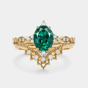 Chic Flow Signature Vintage Oval Cut Lab Emerald Engagement Ring Set 2pcs