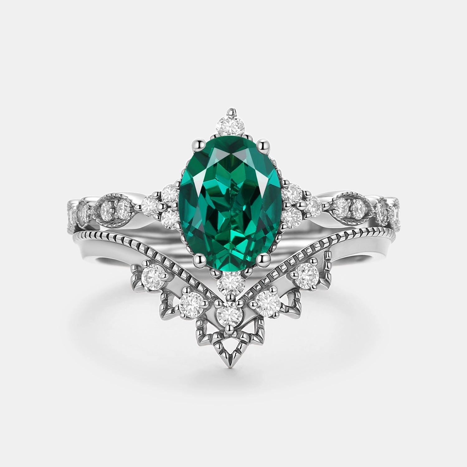 Signature Vintage Oval Cut Lab Emerald Engagement Ring Set 2pcs Minimalist Edge Sparkling Craftwork