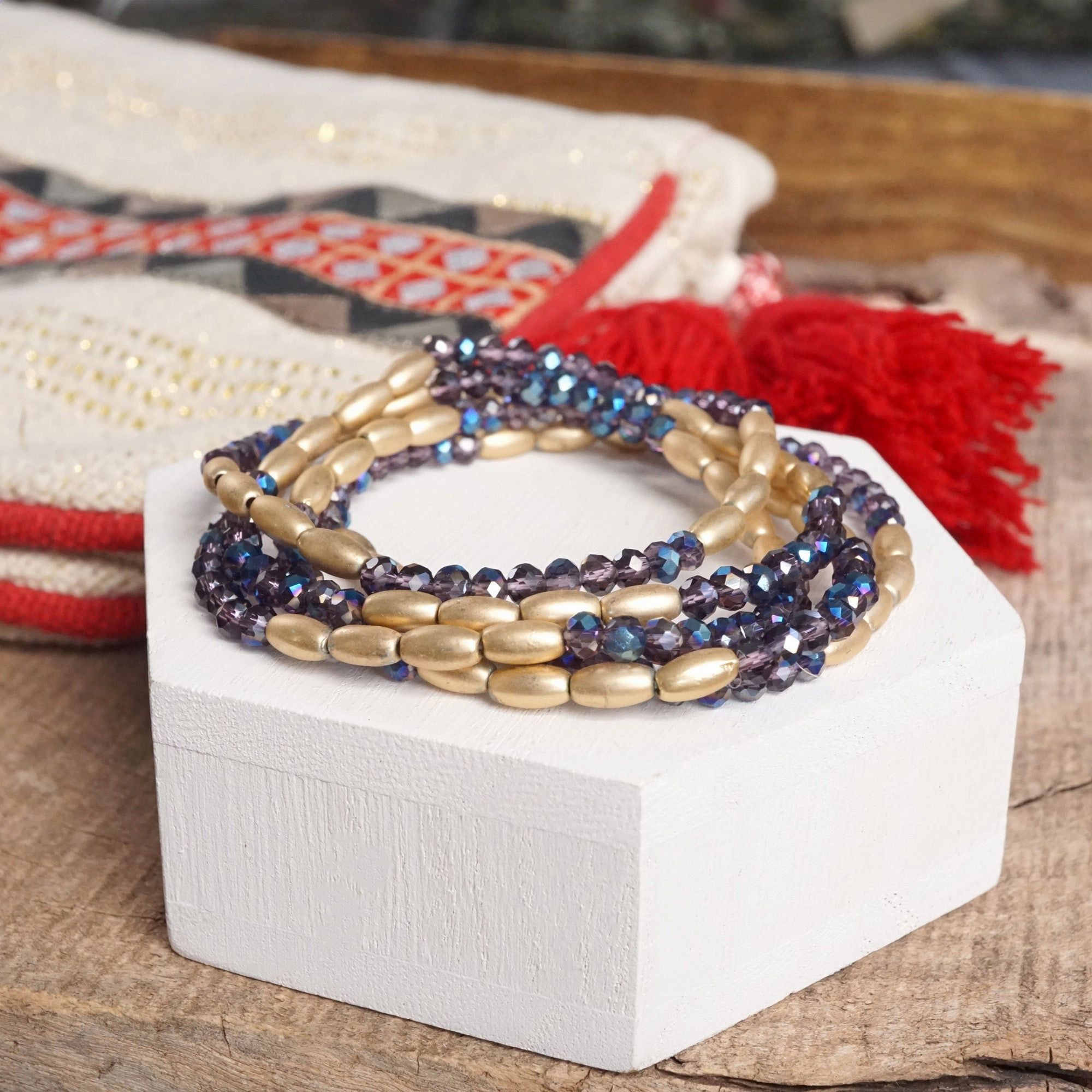 Layered Sparkly Glass and Gold Rice Beads Bracelets Sets Multicultural Variety Unique Find