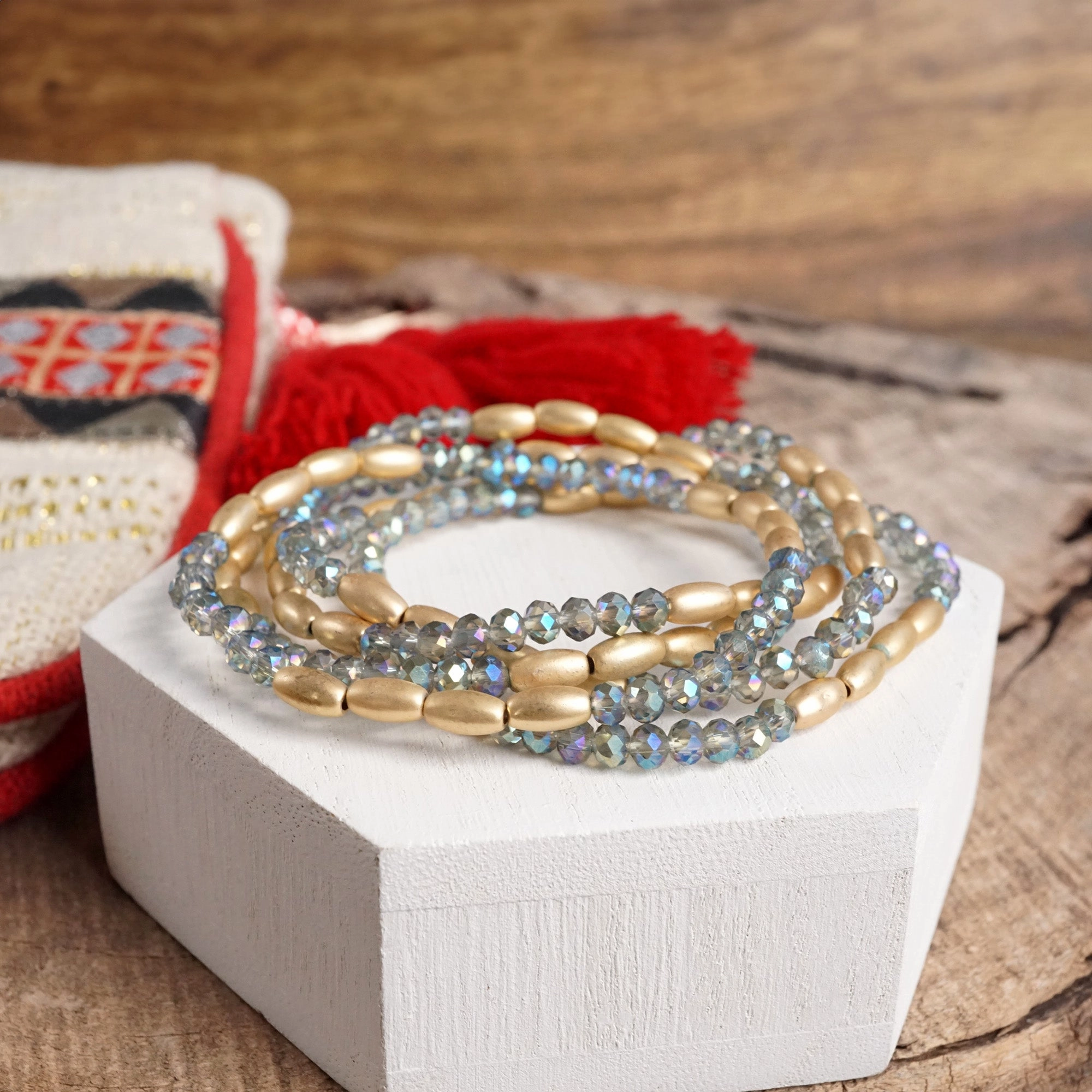 Layered Sparkly Glass and Gold Rice Beads Bracelets Sets Five Star