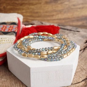 Layered Sparkly Glass and Gold Rice Beads Bracelets Sets Five Star