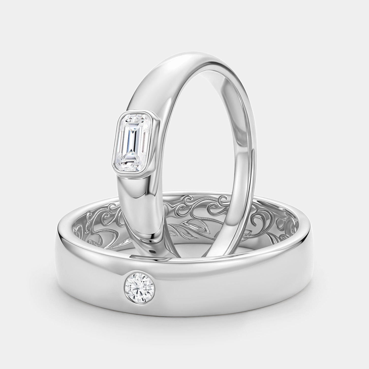 Versatile Fit Classic Moissanite Engraved Couple Ring Set 2pcs - Milo