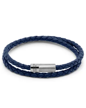 Silver and Navy Braided Leather Doublewrap Pop Rigato Bracelet