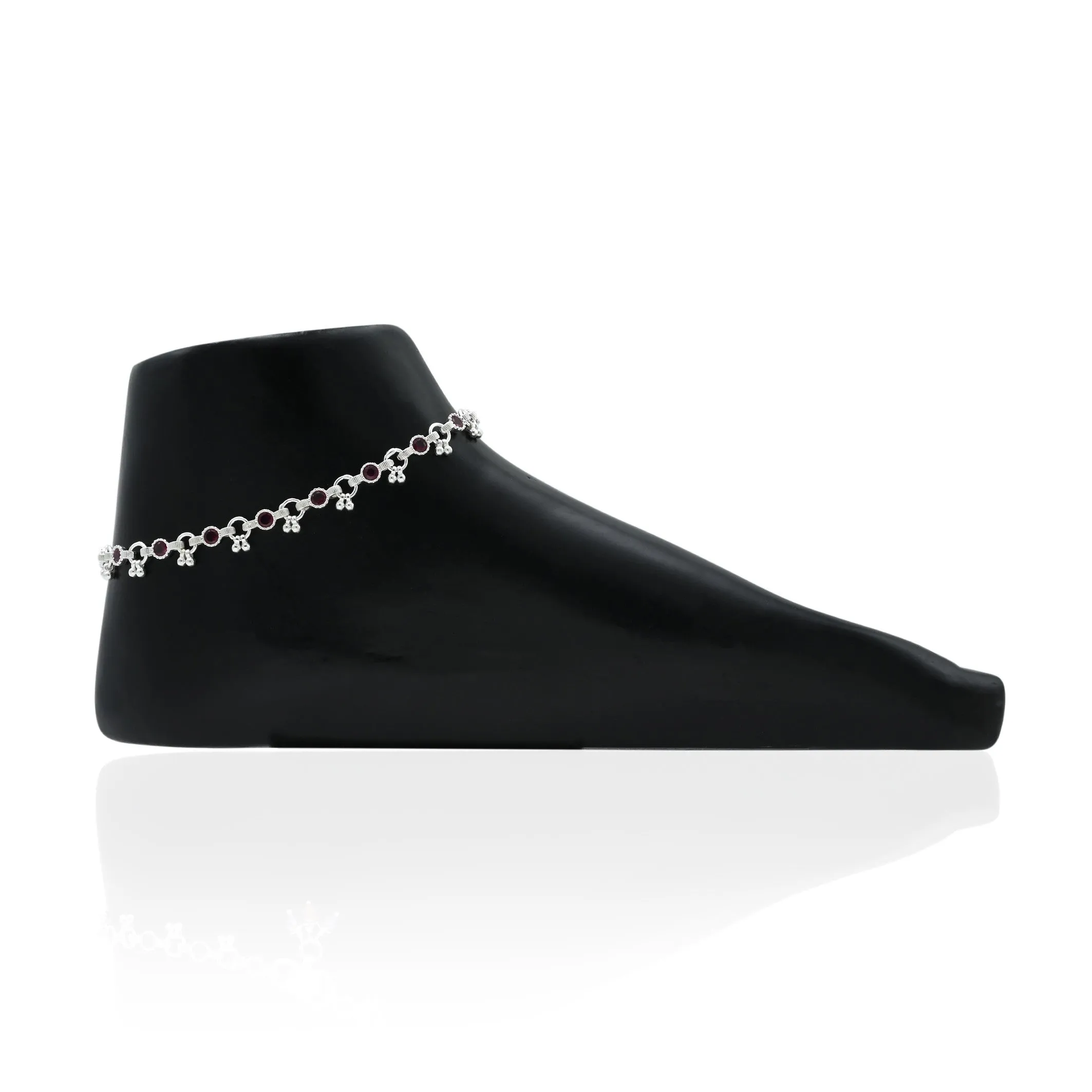 Silver Beautiful Red Gems With Beads Anklet