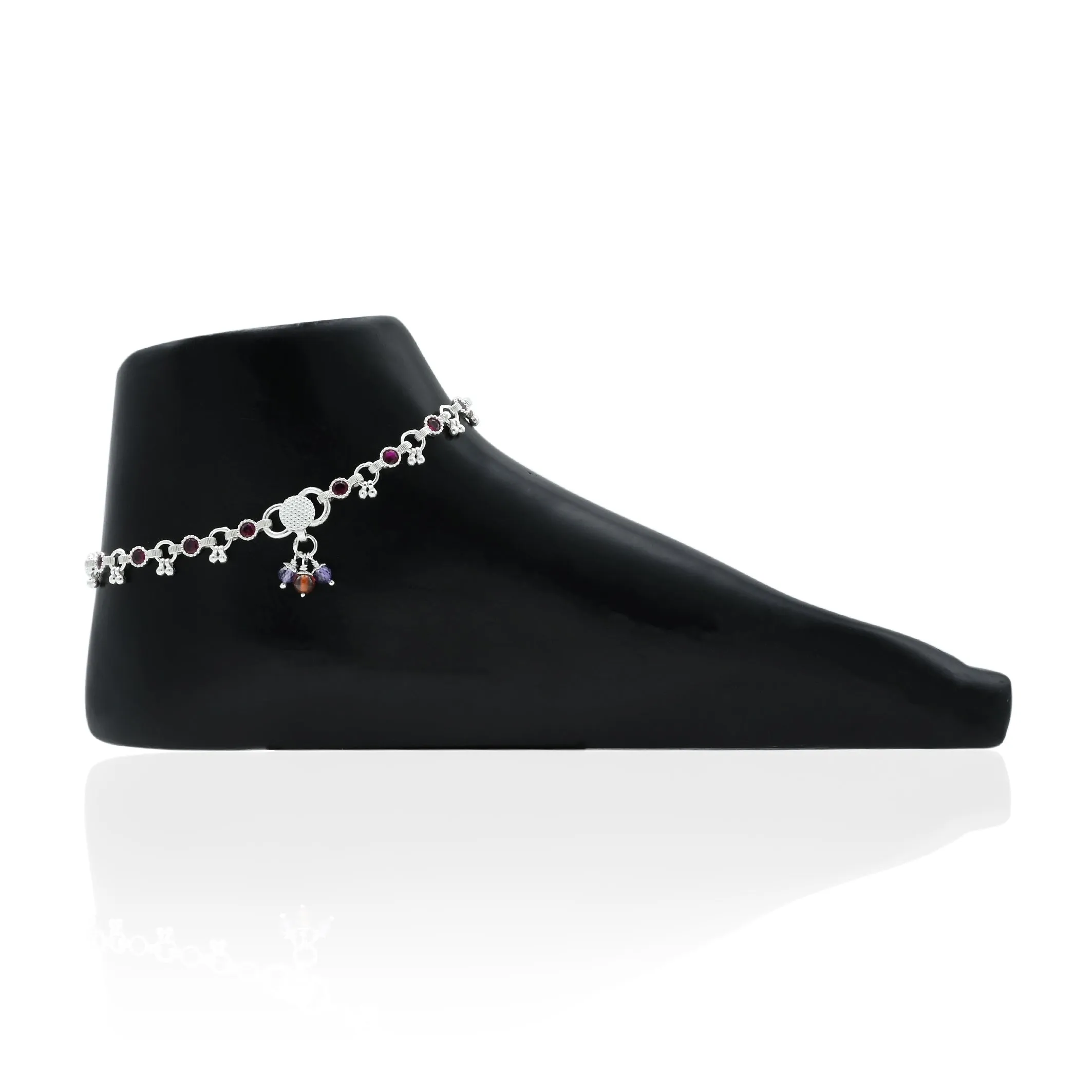 Silver Beautiful Red Gems With Beads Anklet