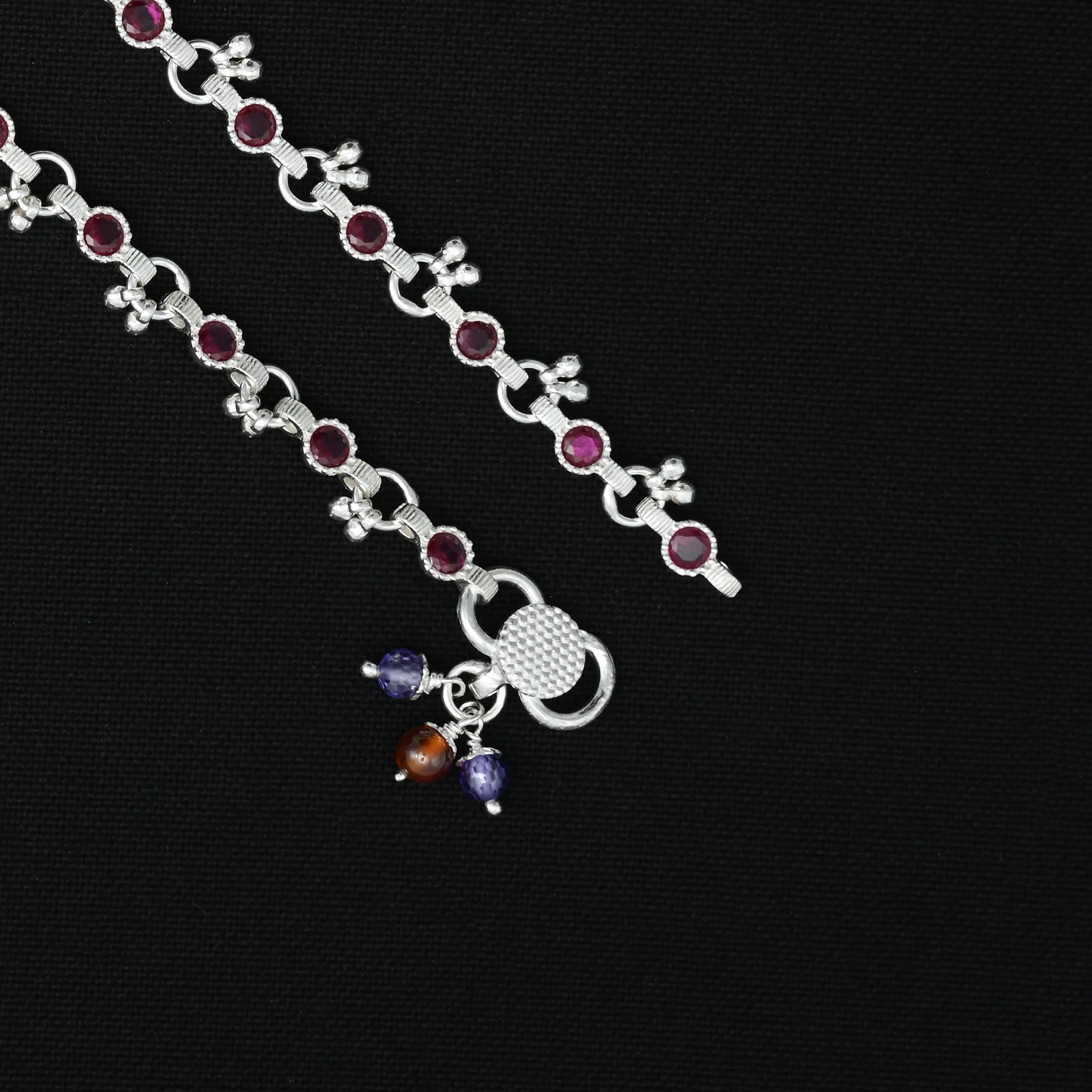 Silver Beautiful Red Gems With Beads Anklet