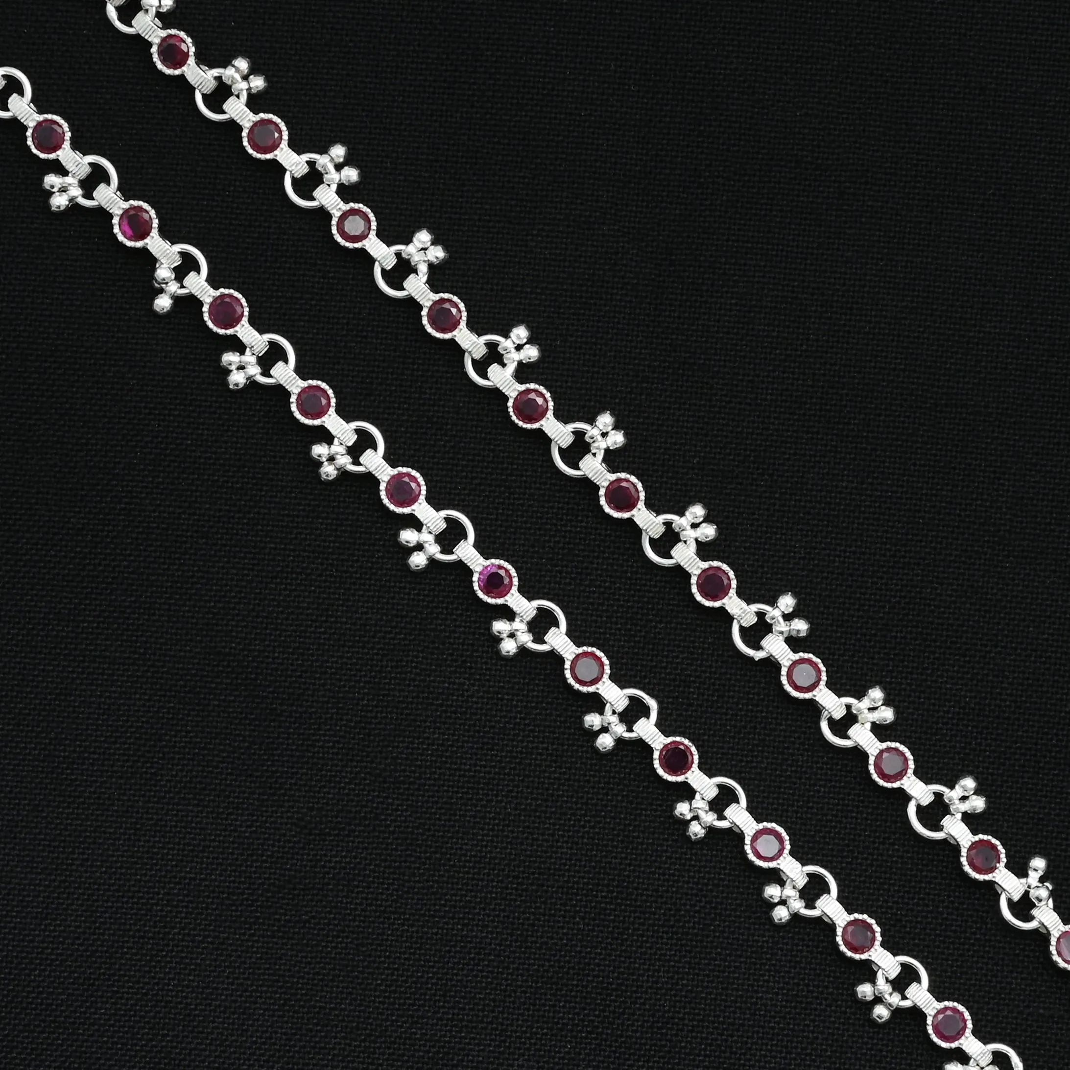Silver Beautiful Red Gems With Beads Anklet