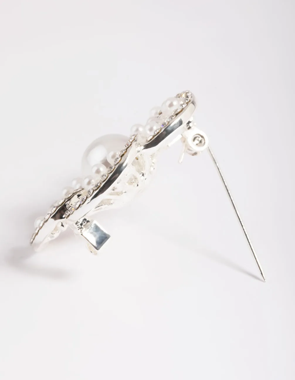 Silver Diamante Pearl Flower Brooch