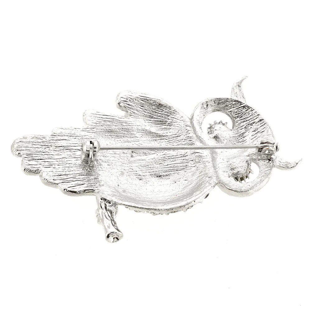 Silver Jet Black Crystal Owl Brooch