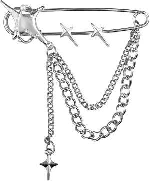 Silver Punk Chain Brooch Pin Retro Safety Pin Brooch Charms Collar Coat Shawl Brooch Pin Y2k Shoe Jean Pins Shooting Star Lapel Pin Tassel Brooch Safety Shawl Pins for Women Y2k Hanging Chain Brooch