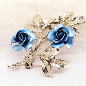 Silver Tone Blue Rose Brooch