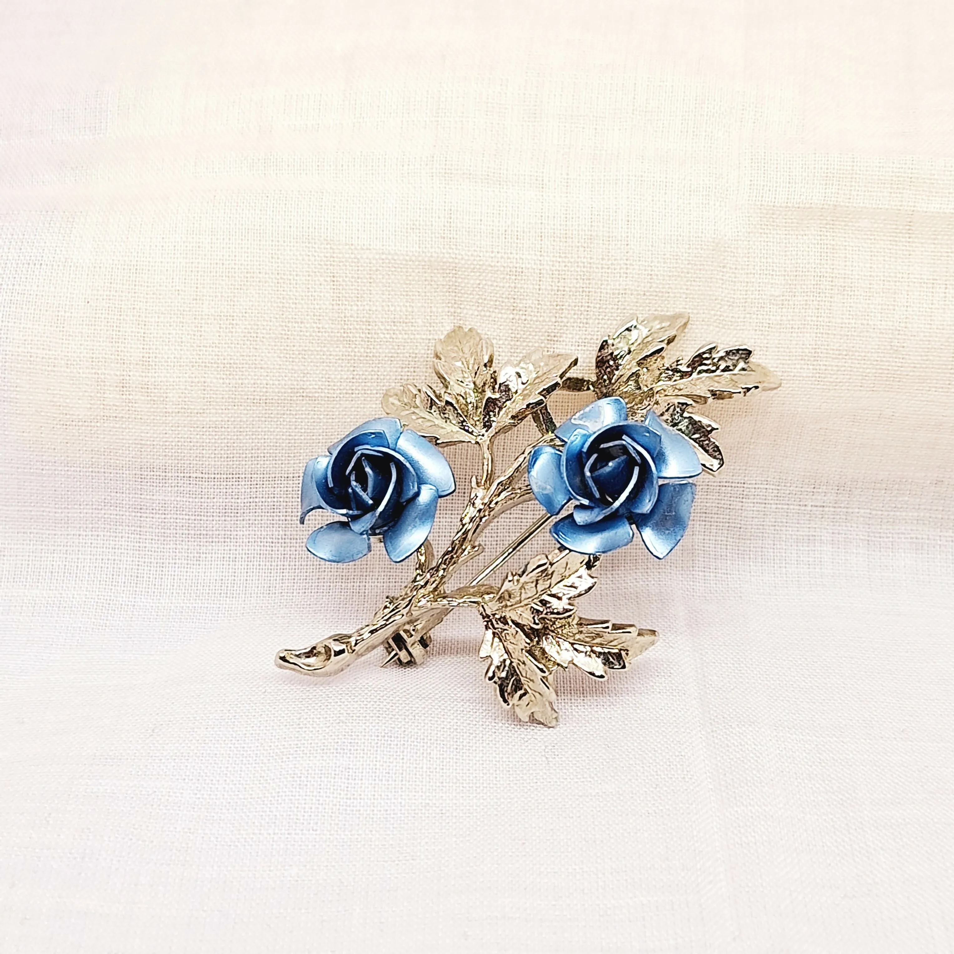Silver Tone Blue Rose Brooch