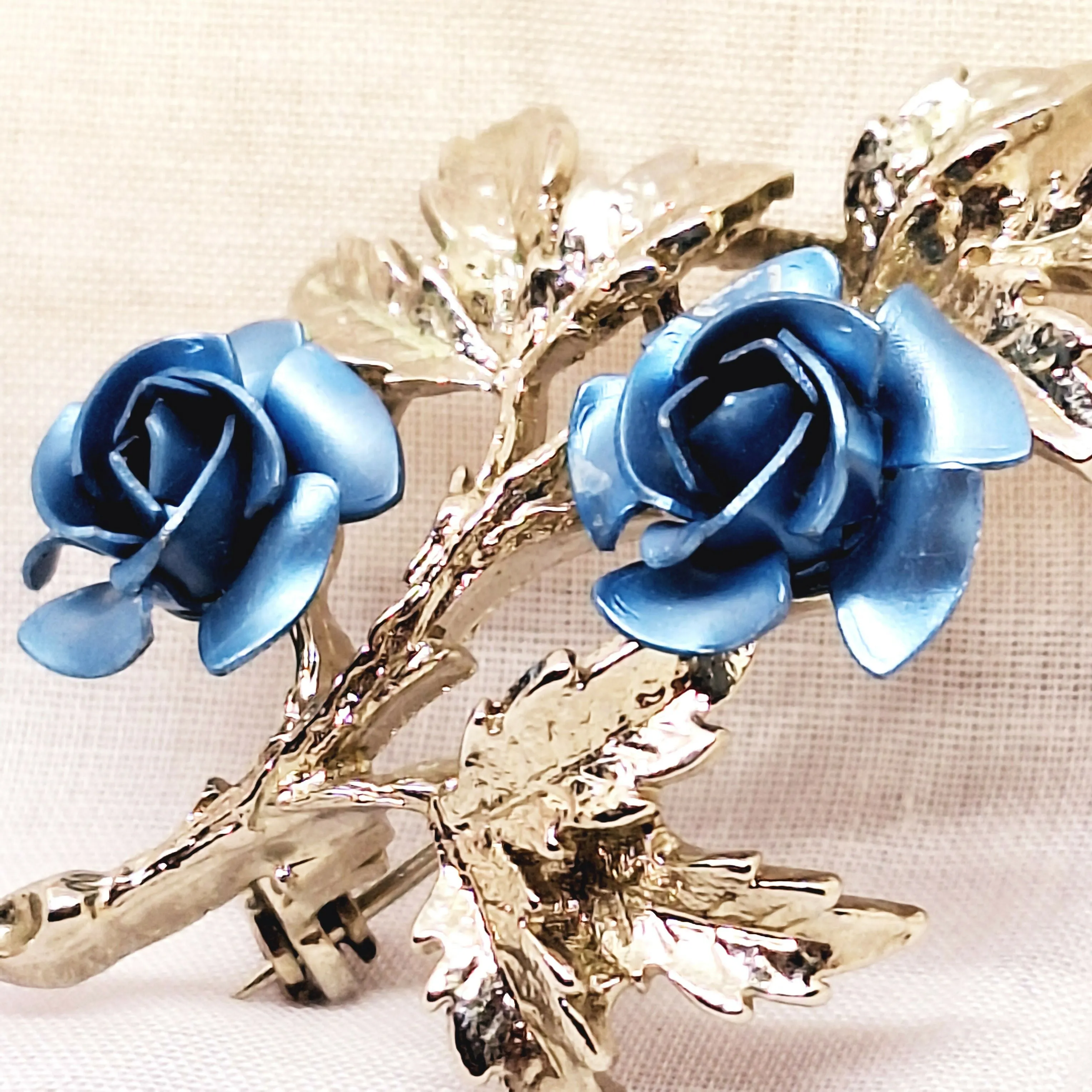 Silver Tone Blue Rose Brooch