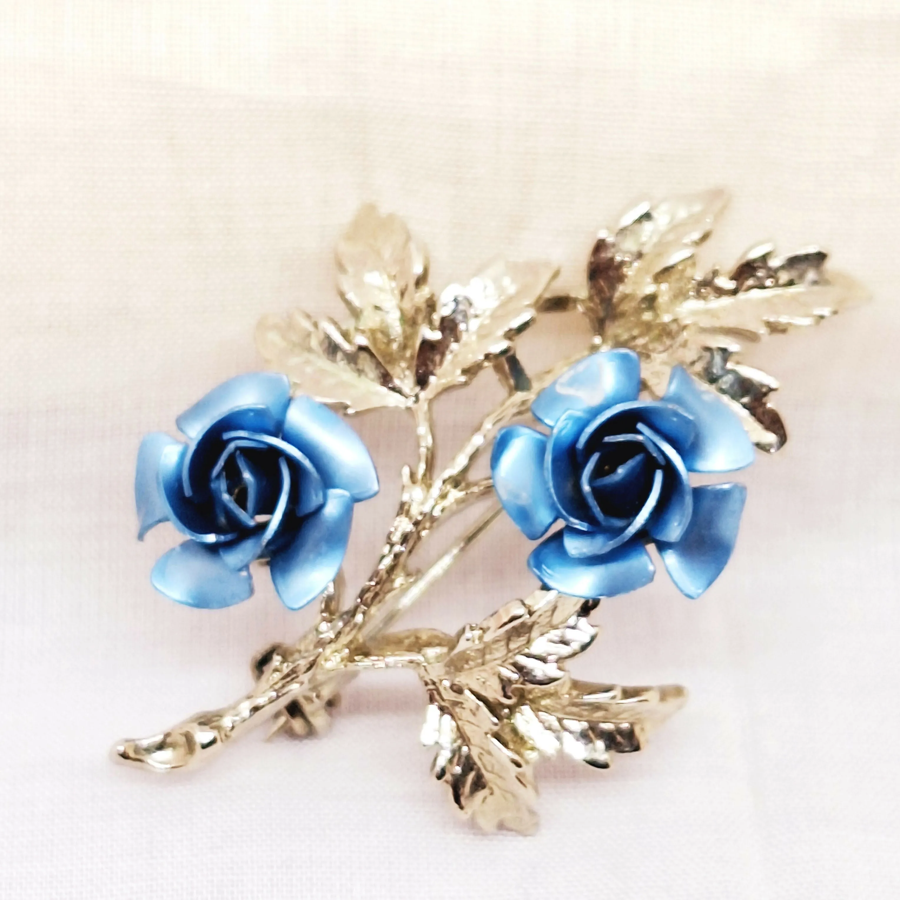 Silver Tone Blue Rose Brooch