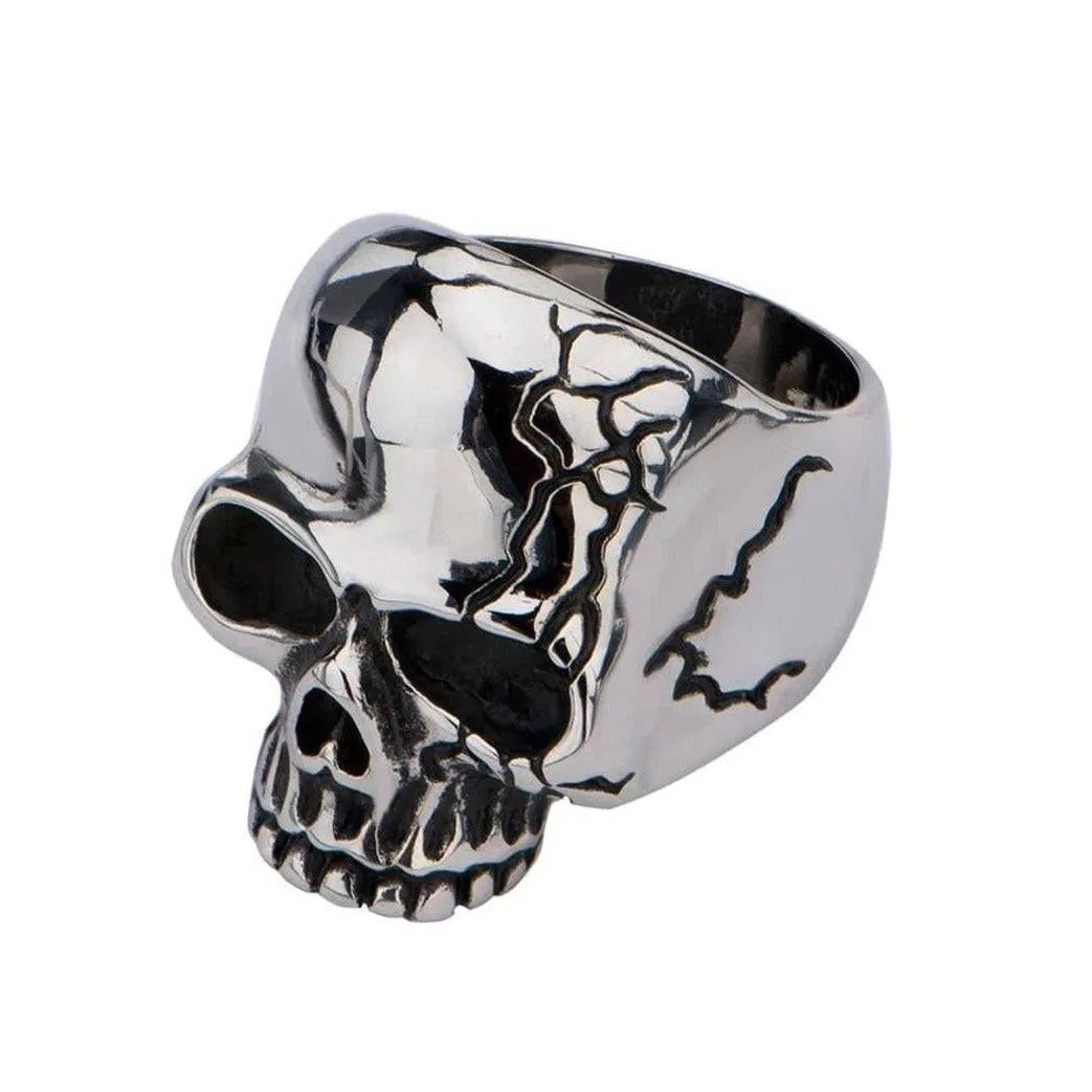 Silver Tone Stainless Steel Hallowed Jaw Cracked Skull Ring