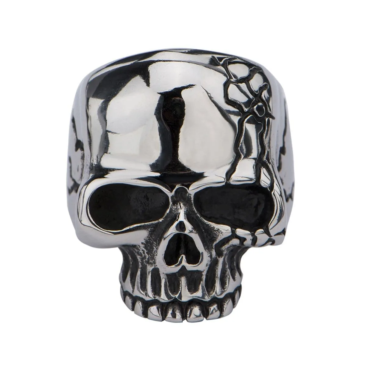Silver Tone Stainless Steel Hallowed Jaw Cracked Skull Ring