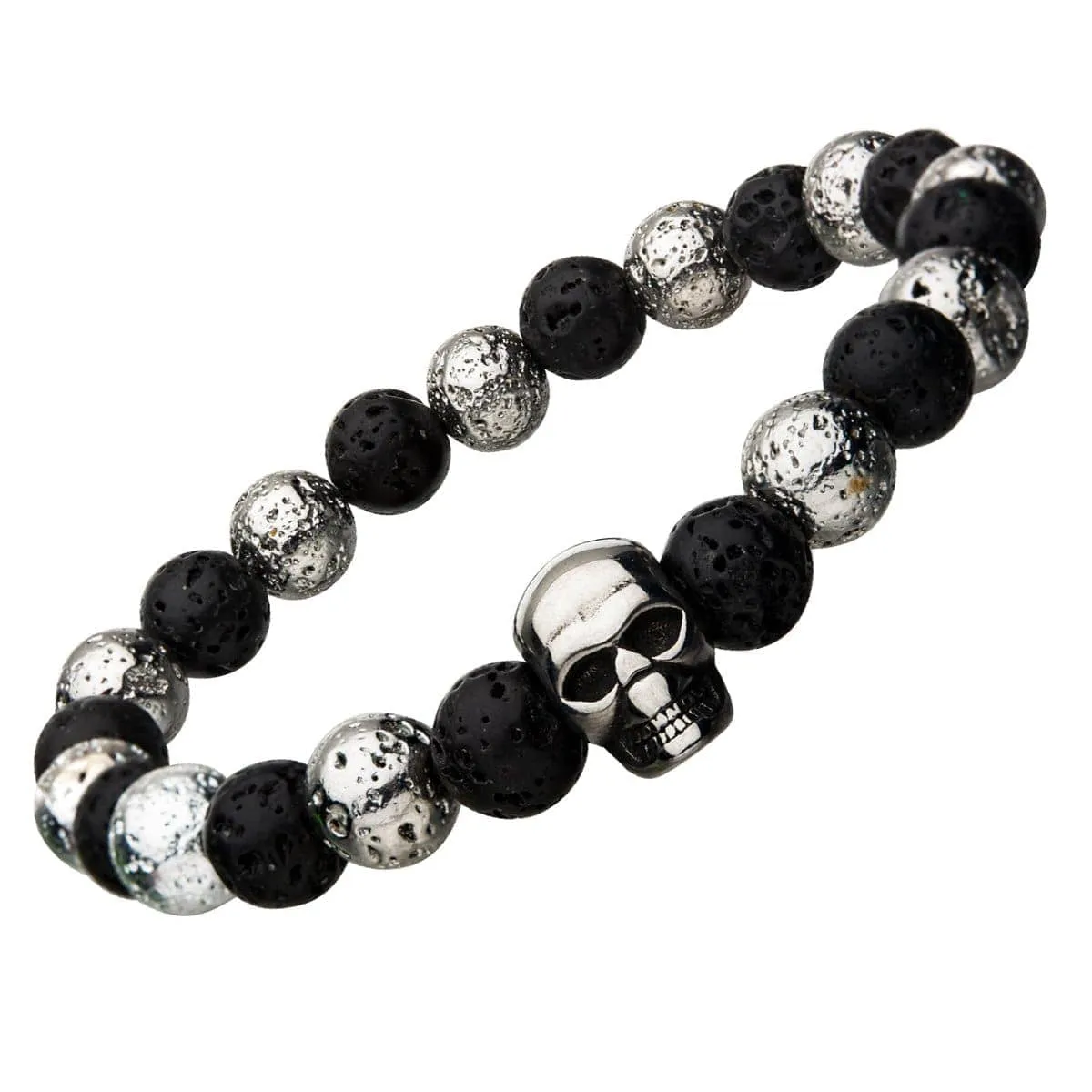 Silver Tone Stainless Steel Skull with Black Molten Lava Bead Bracelet