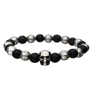 Silver Tone Stainless Steel Skull with Black Molten Lava Bead Bracelet