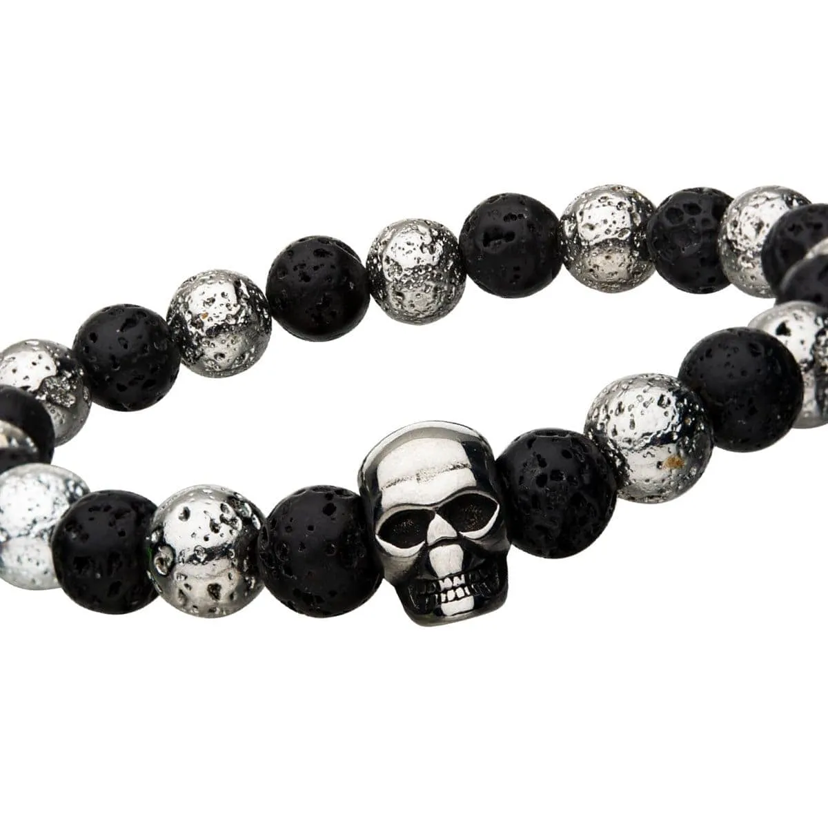 Silver Tone Stainless Steel Skull with Black Molten Lava Bead Bracelet