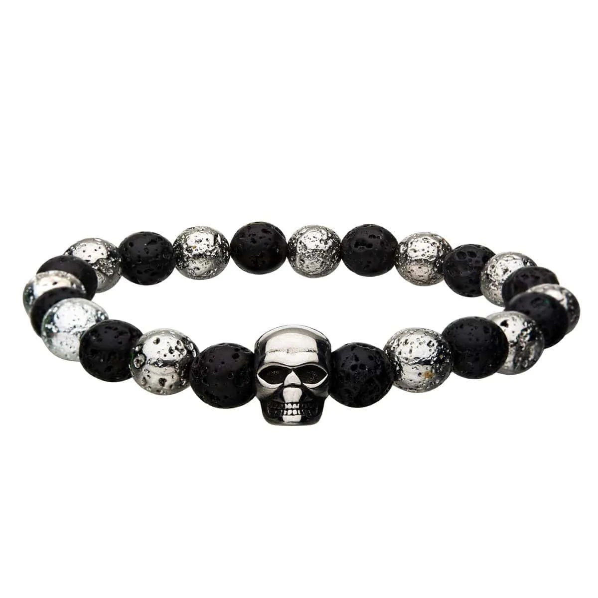 Silver Tone Stainless Steel Skull with Black Molten Lava Bead Bracelet