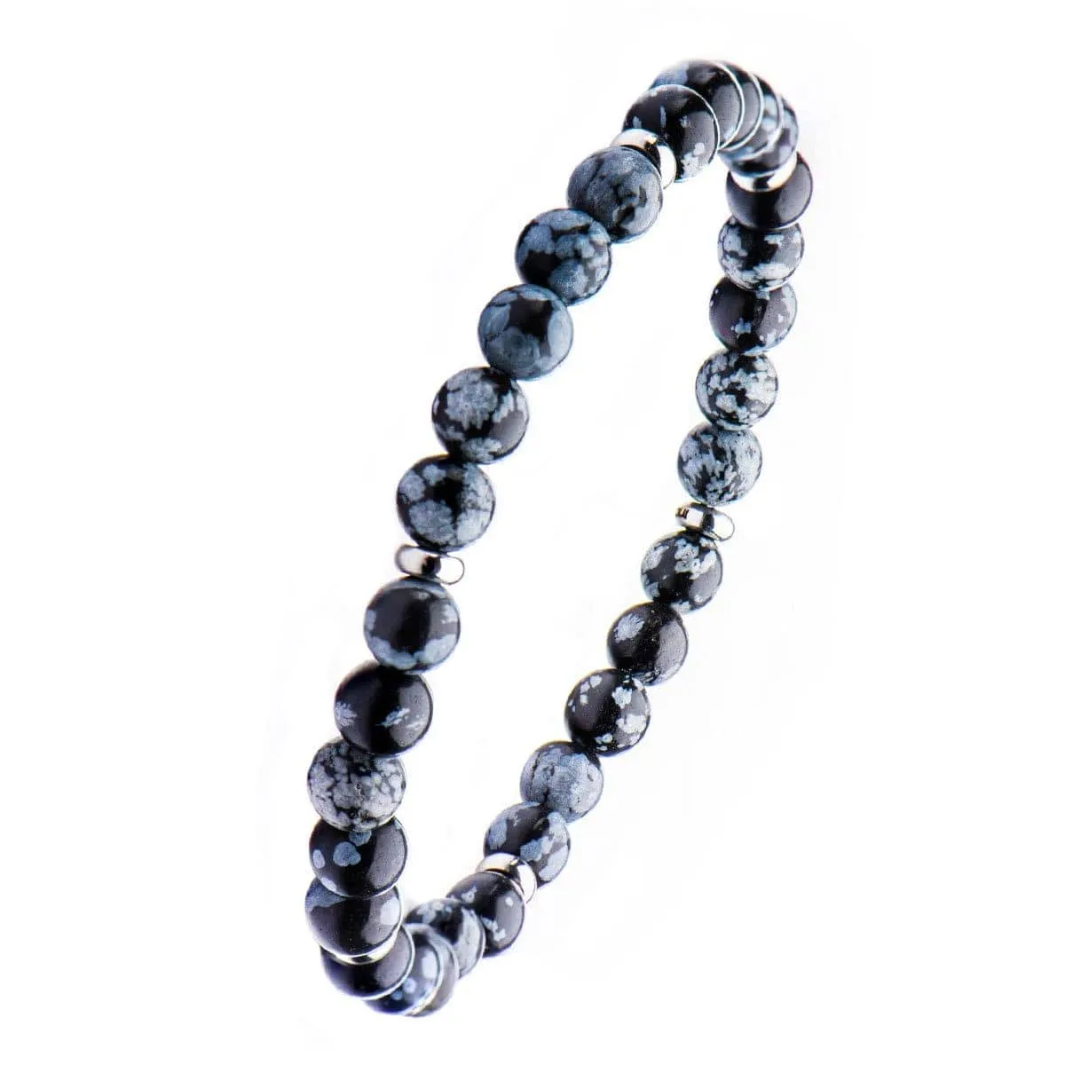 Silver Tone Stainless Steel with Blue Snowflake Stone 6mm Bead Stackable Bracelet