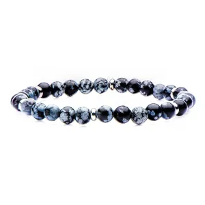 Silver Tone Stainless Steel with Blue Snowflake Stone 6mm Bead Stackable Bracelet