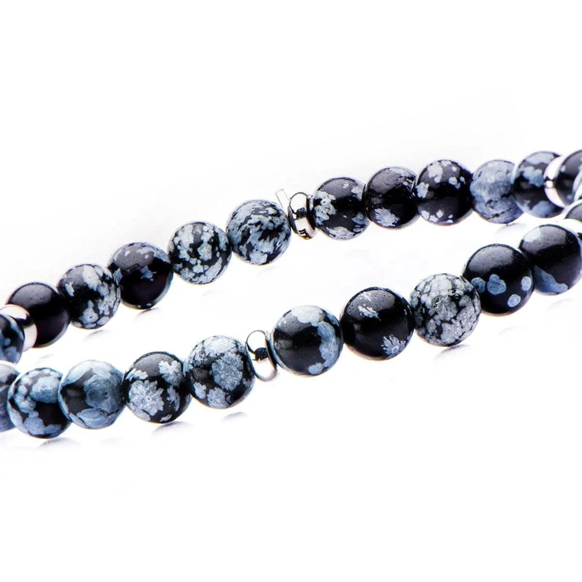 Silver Tone Stainless Steel with Blue Snowflake Stone 6mm Bead Stackable Bracelet