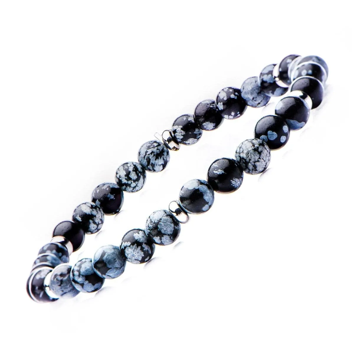 Silver Tone Stainless Steel with Blue Snowflake Stone 6mm Bead Stackable Bracelet