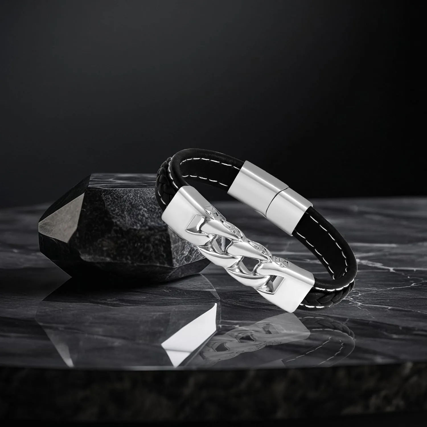 Silver Vintage Stainless Steel Leather Bracelets Black Gothic Hollow Cuff Bracelets Bangles Wristband for Men Jewelry Birthday Fathers Day Gift