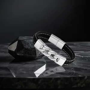 Silver Vintage Stainless Steel Leather Bracelets Black Gothic Hollow Cuff Bracelets Bangles Wristband for Men Jewelry Birthday Fathers Day Gift