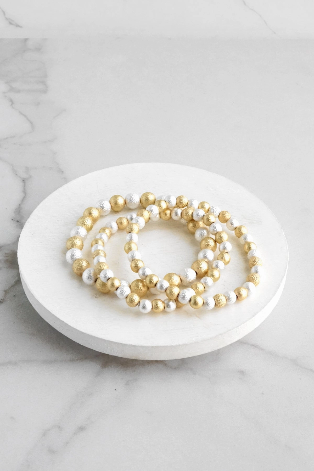 Luxury Standard Silver Gold tone multi size textured beaded bracelet stack of 3 bracelets