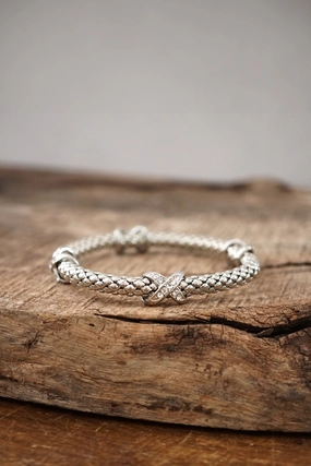 Social Media Star Traditionally Modern Silver tone flexy stretchy bracelet bangle X Clear Crystals Snake chain