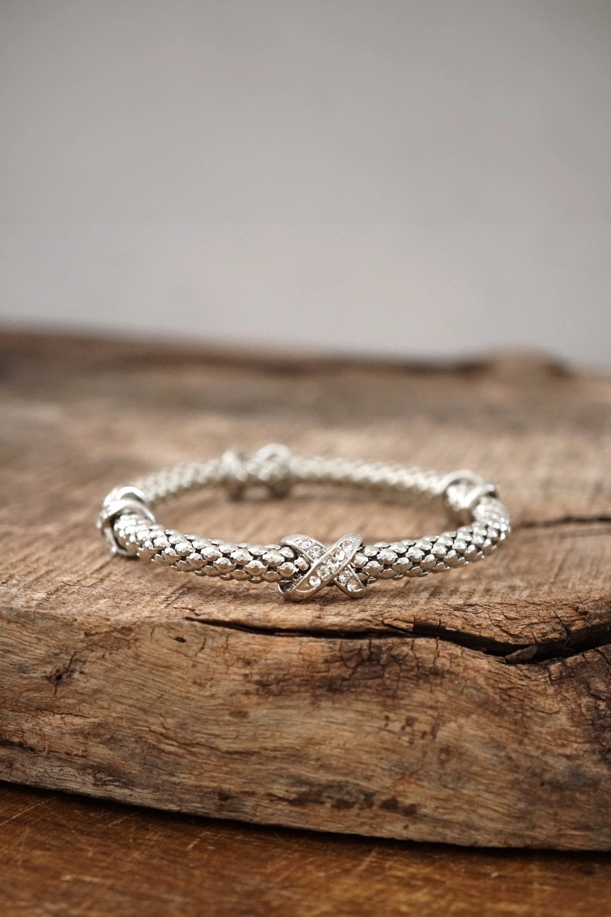 Social Media Star Traditionally Modern Silver tone flexy stretchy bracelet bangle X Clear Crystals Snake chain
