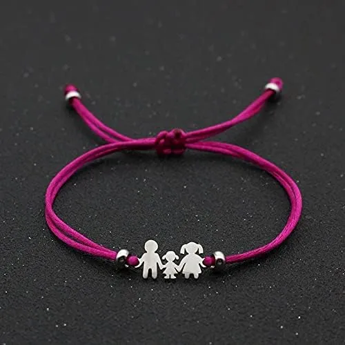 Simple Adjustable Bracelet Stainless Steel Family Dad Mom Daughter Lucky Red String Bracelets for Women Men Couple Jewelry Gift (Metal Color: Rose red, #2)
