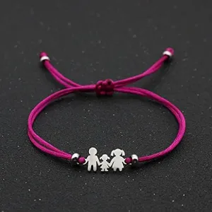 Simple Adjustable Bracelet Stainless Steel Family Dad Mom Daughter Lucky Red String Bracelets for Women Men Couple Jewelry Gift (Metal Color: Rose red, #2)