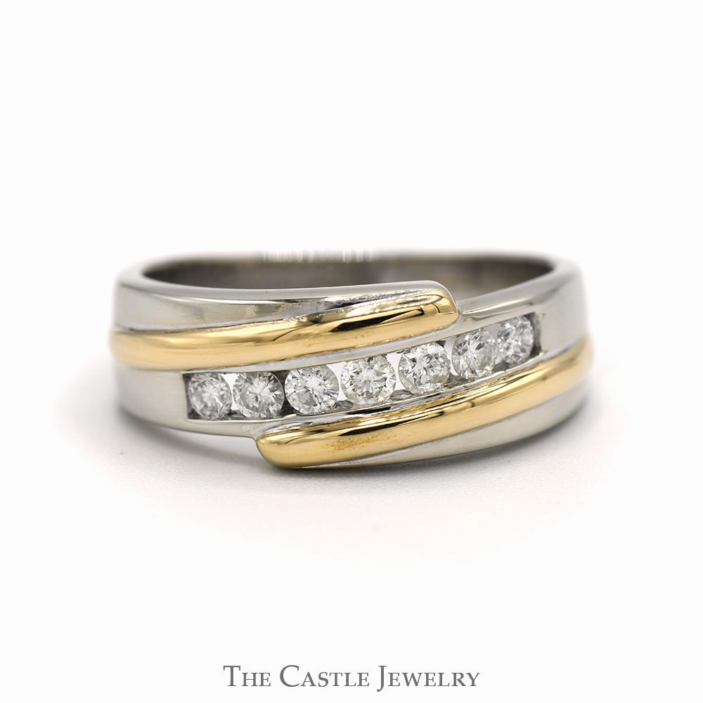 1/2cttw Channel Set 7 Diamond Men's Diagonal Bypass Wedding Band in 14k Two Tone Gold Romantic Jewelry