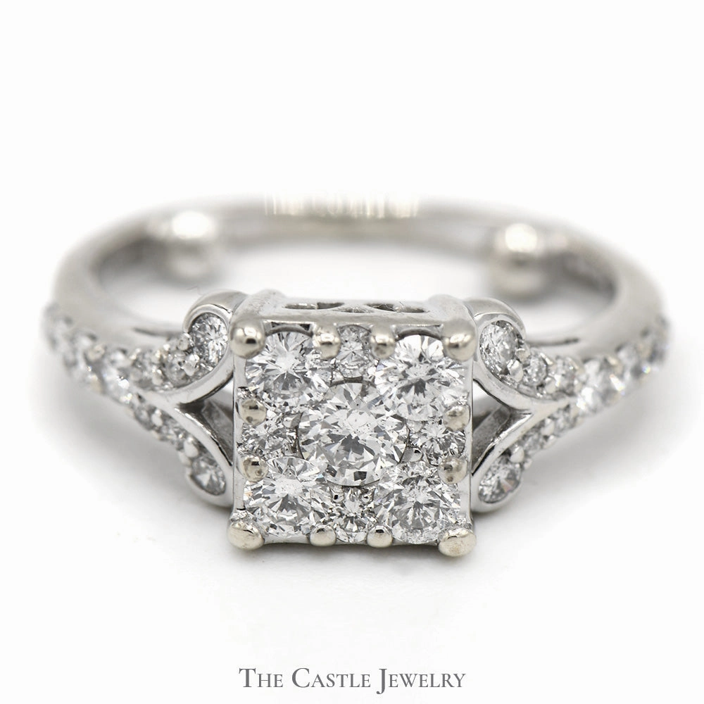 Series Item 3/4cttw Square Shaped Diamond Cluster Ring with Accented Scroll Design in 14k White Gold