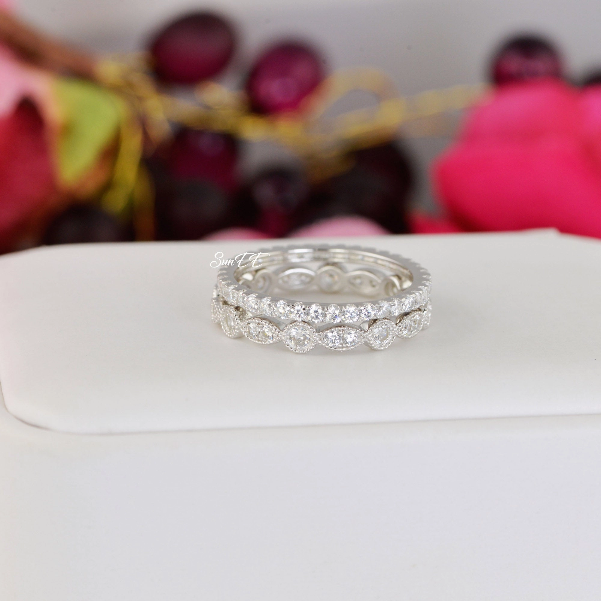 1.4ct Art Deco & Full Eternity Wedding Band Stack Promise Ring Diamond Simulated 925 Sterling Silver Anniversary Ring SKU:00191 Branded Decoration Budget Work
