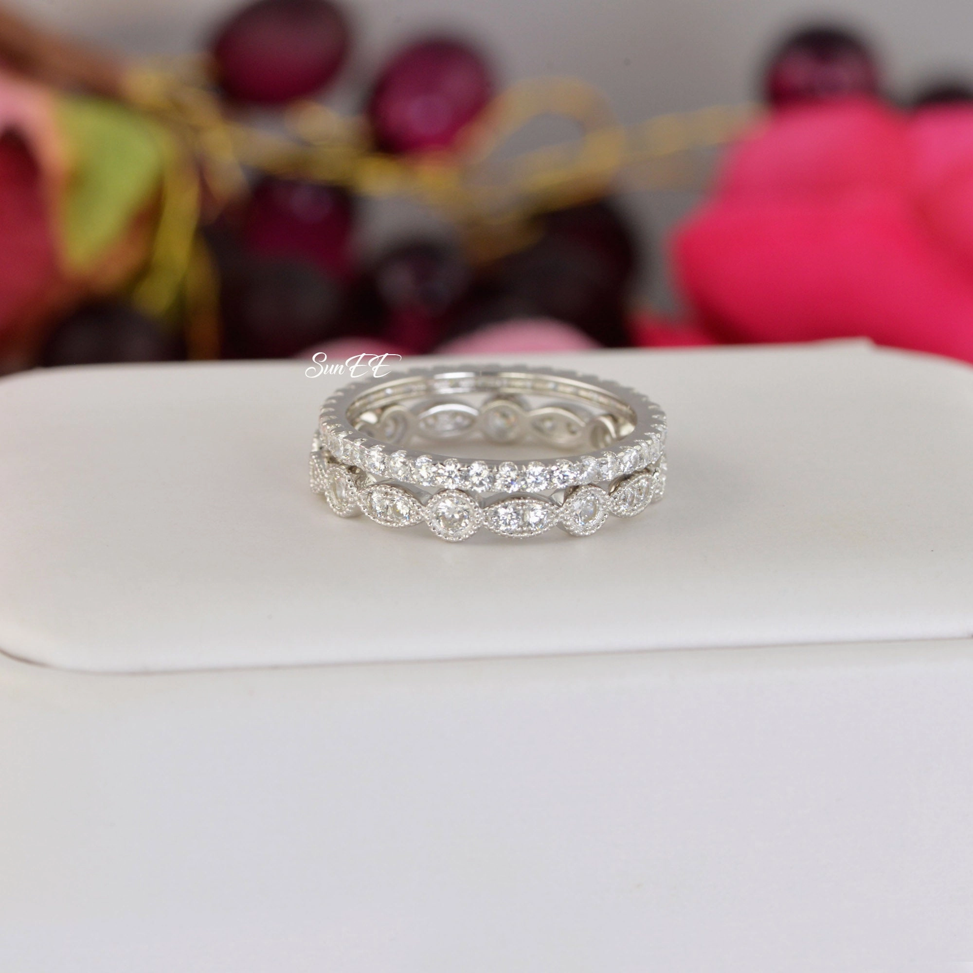 1.4ct Art Deco & Full Eternity Wedding Band Stack Promise Ring Diamond Simulated 925 Sterling Silver Anniversary Ring SKU:00191 Beautiful Craft Fine Art