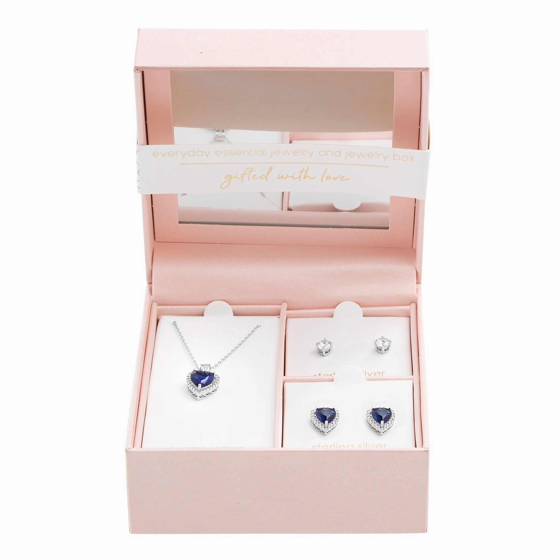 Lesa Michele 2 Pair Cubic Zirconia Stud and Halo Earrings with Pendant Necklace Set in Rhodium Plated Brass Office Ornament