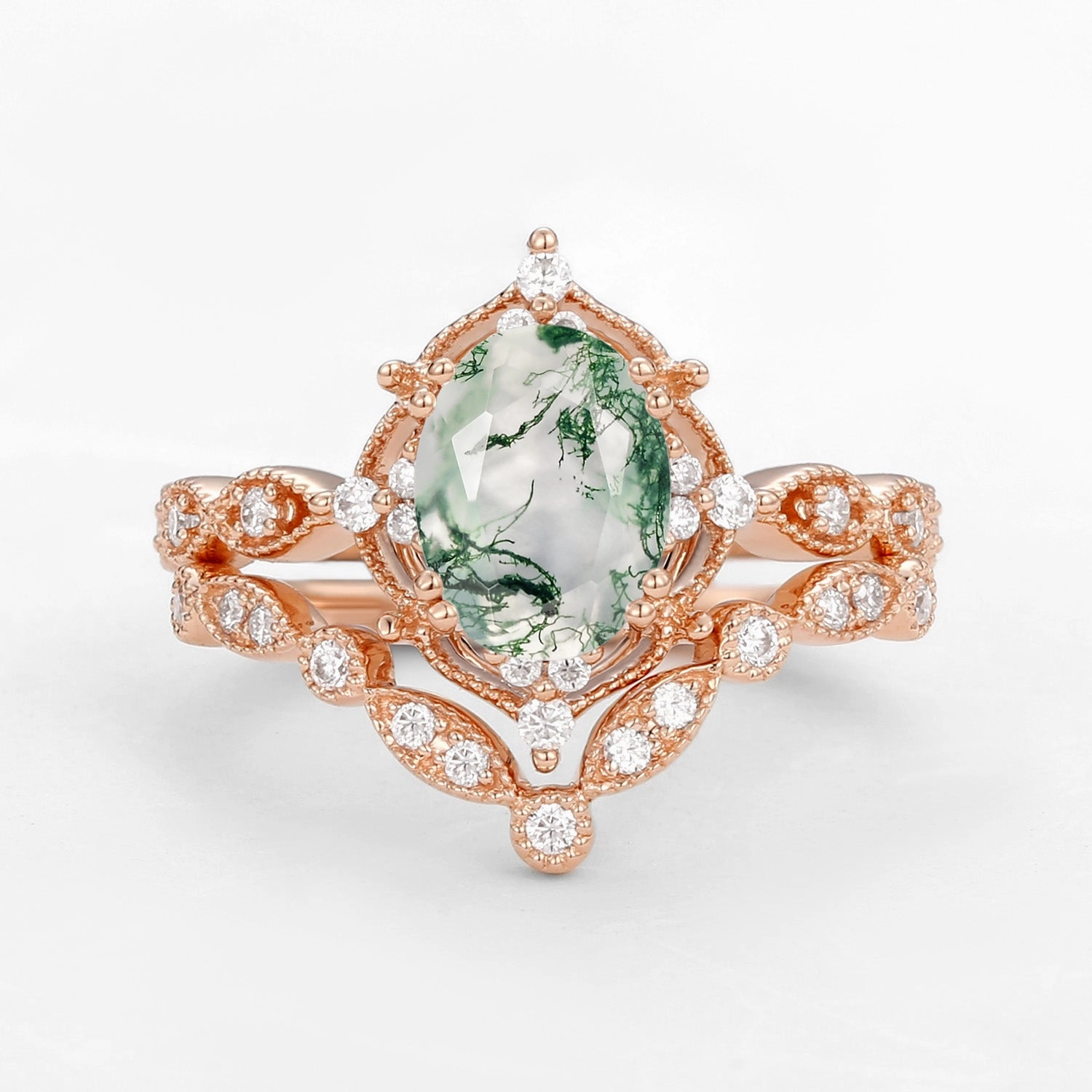 Oval Moss Agate & Moissanite Classic Ring Set 2pcs - Brynn Unique Pieces