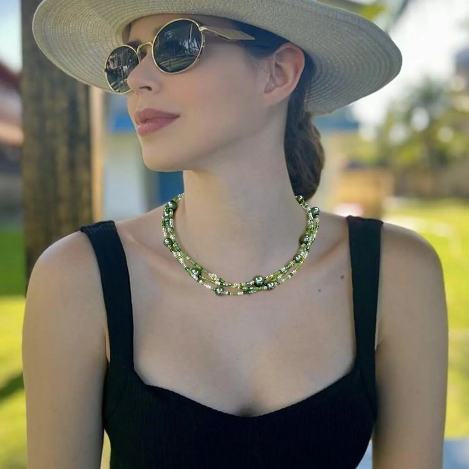 S.J JEWELRY Multi Strand Beaded Necklaces for Women Colorful Beaded Necklace Boho Necklaces for Women Summer Beach Necklace Pearl Choker Layered Necklace